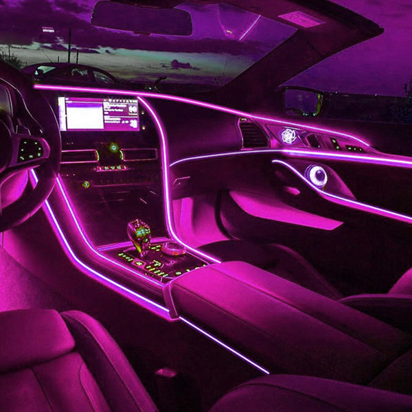 Purple ambient strip lighting in a car interior