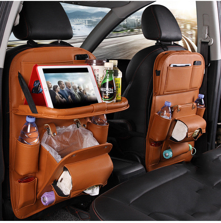 Brown PU leather seat back storage bag