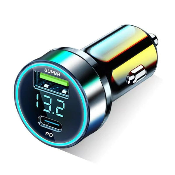Car charger with USB and Type-C ports and digital display